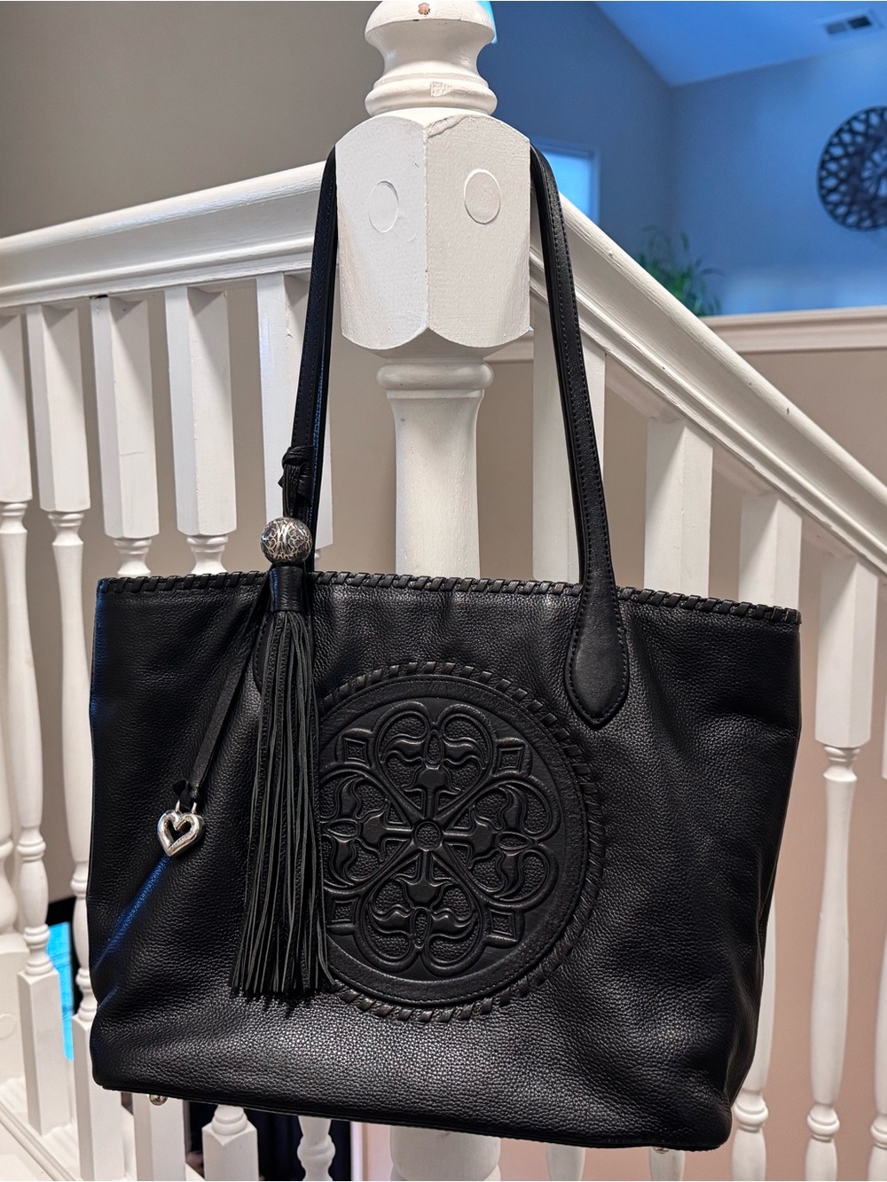 Brighton Ferrara Black Leather Tote with Embossed Medallion and Tassel